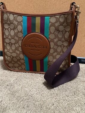 Coach Brown Signature Canvas Crossbody with Multicolor Stripe